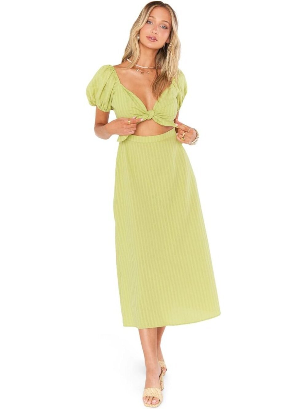 Show Me Your Mumu Women's Pear Green Gabrielle Tie Midi Dress Small 8362